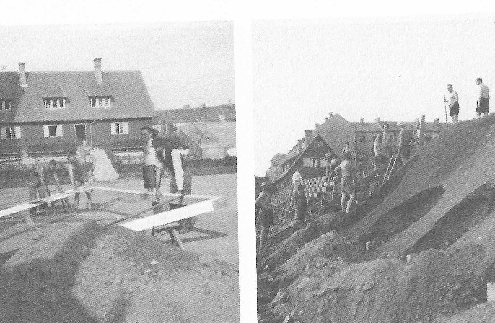 Schwarz-weiß-Bilder von einer Baustelle.