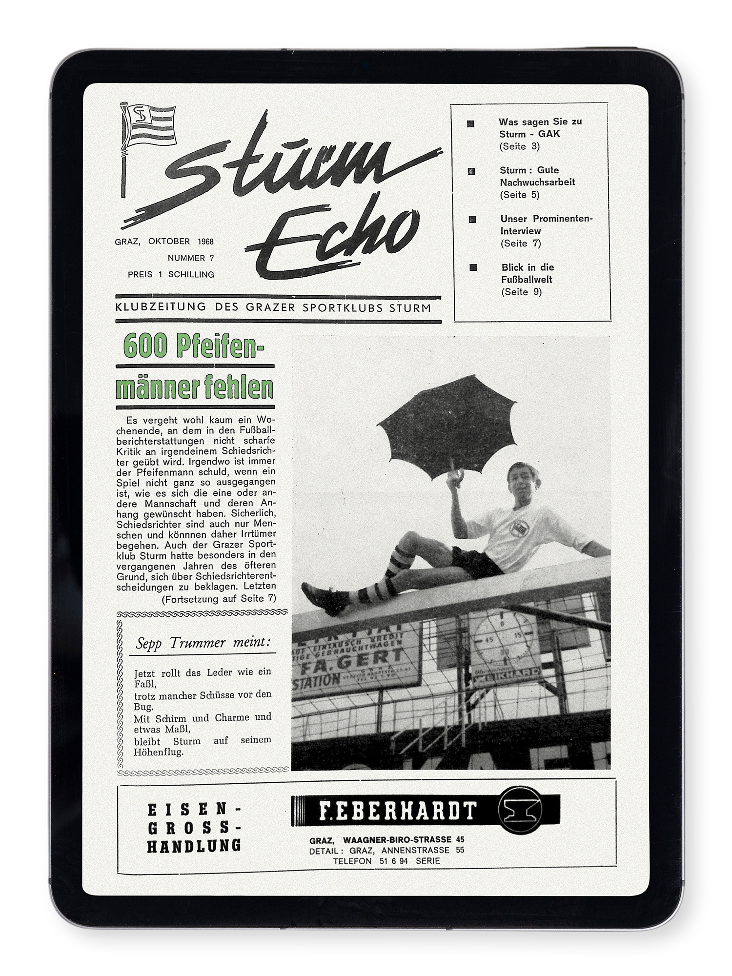 Auf dem Bild ist ein Tablet zu sehen mit einer Ausgabe vom SturmEcho