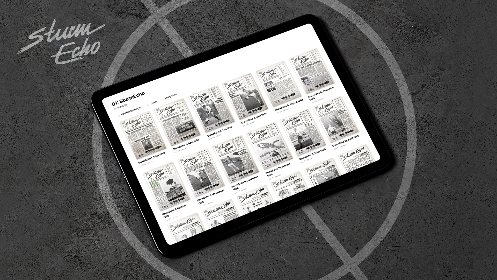 Auf dem Bild ist ein Tablet zu sehen mit verschiedenen Ausgaben vom StrumEcho