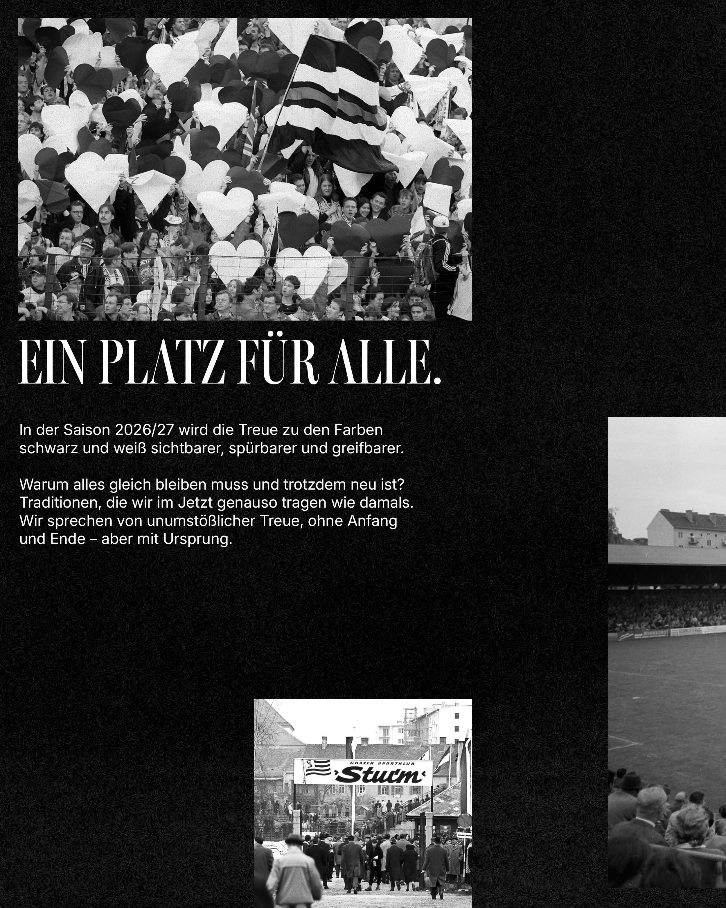 Personen stehen in einem Stadion mit Fahnen und halten große Papier Herzen in die Luft.