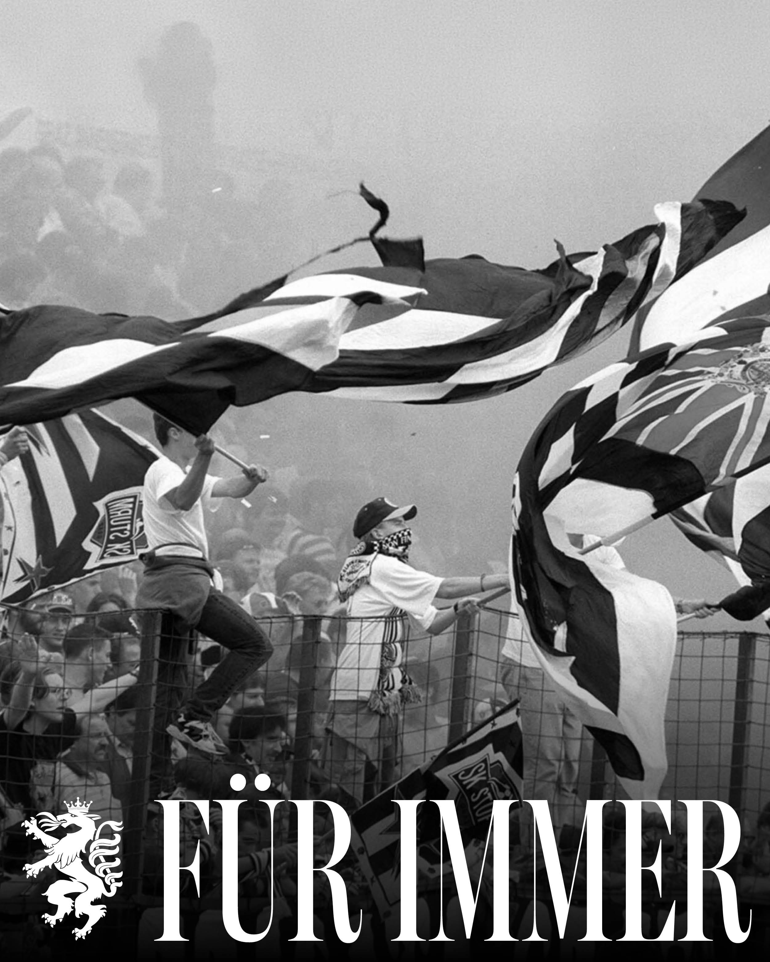 Fußballfans stehen im Stadion und schwingen Fahnen