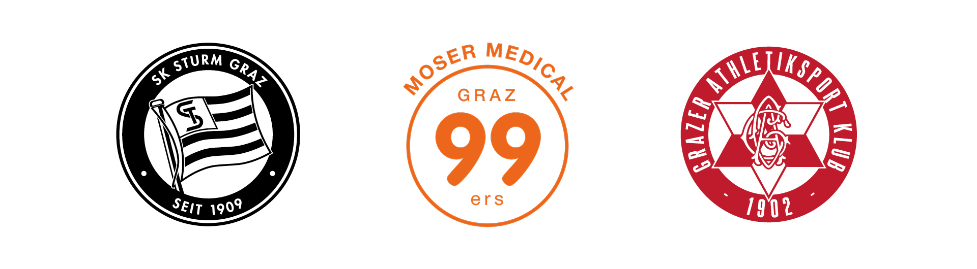 Drei große Logos von Sportvereinen in schwarz, orange und rot