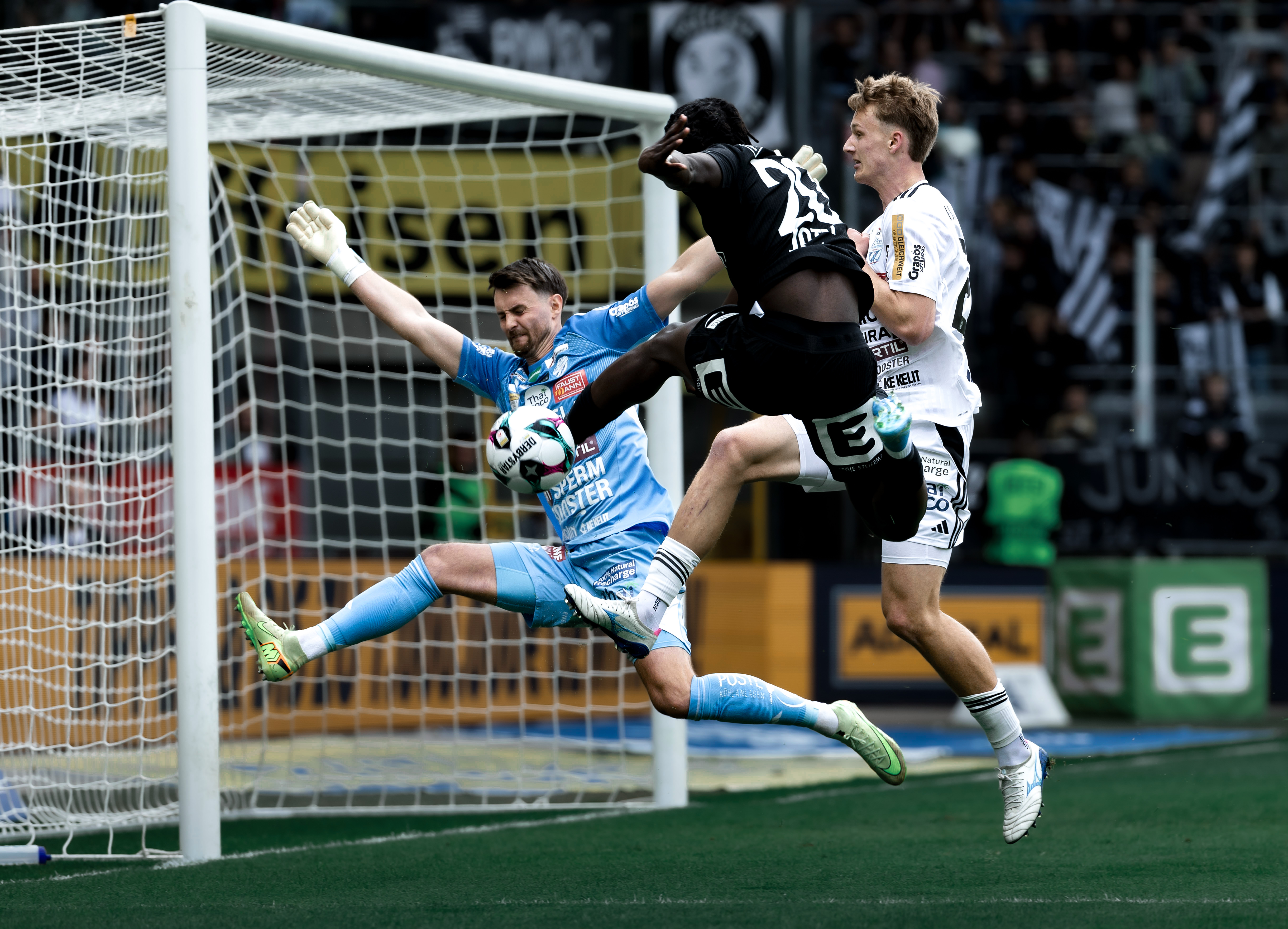 Ein Tormann, der einen Ball aus kurzer Distanz hält.