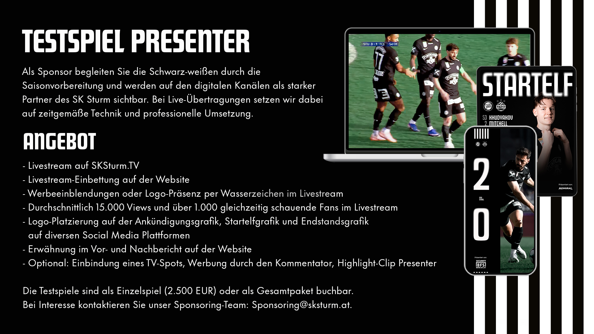 Eine Grafik, die das Angebot eines Testspiel Presenter beschreibt.