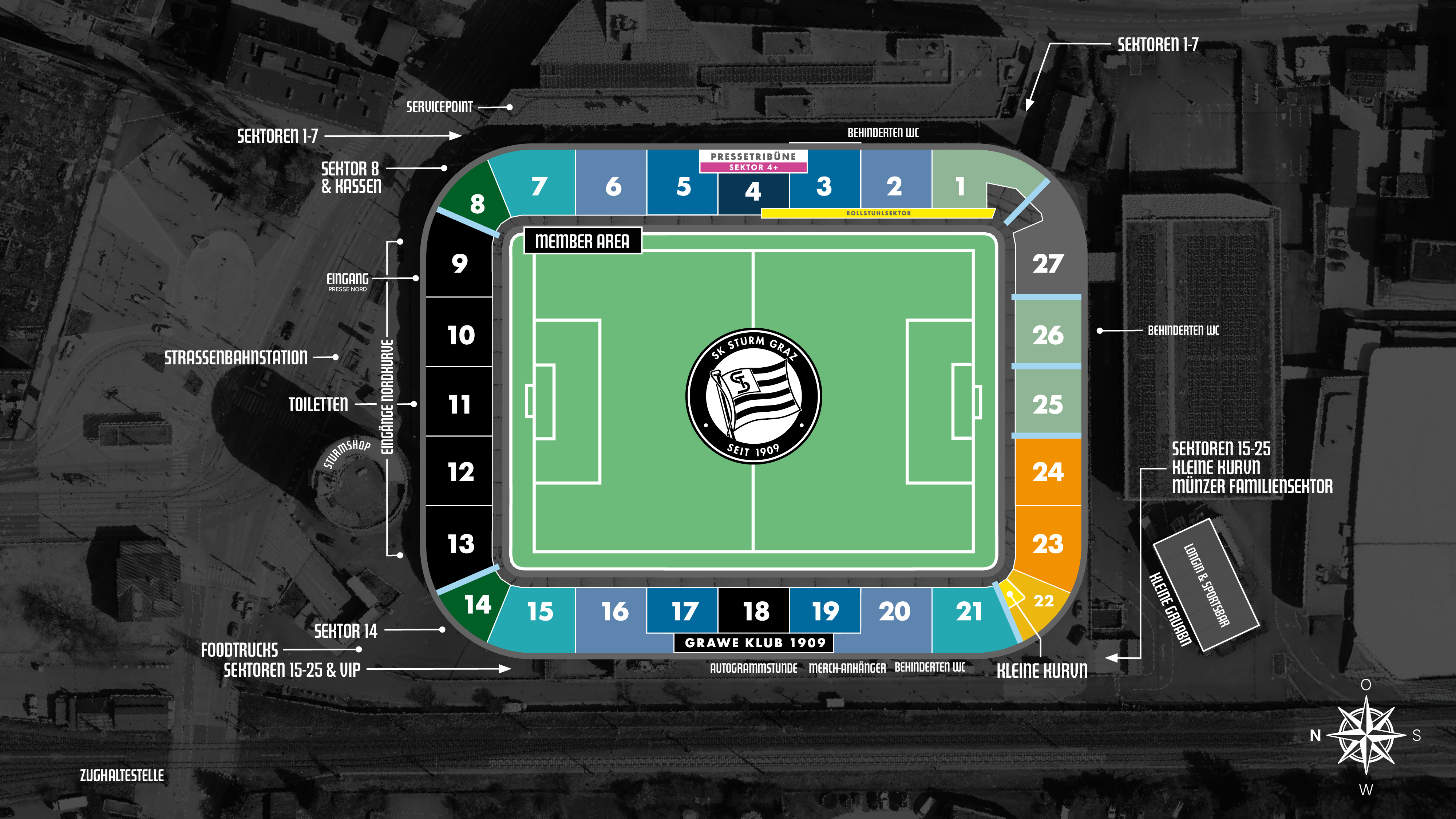 Lageplan des Stadion Graz-Liebenau für Spiele des SK Sturm Graz. Der Plan zeigt die farbcodierten Sektoren 1 bis 27 mit Beschriftungen für Eingänge, Kassen, Rollstuhlsektor, Member Area, die Haupttribüne mit „Grawe Klub 1909“ sowie wichtige Orientierungspunkte wie Sturmshop, Straßenbahn- und Zughaltestelle, Foodtrucks und Toiletten.